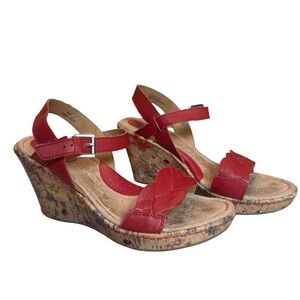 B.o.c. Red Leather Floral Ladybug Wedge Sandals - Size 8